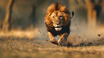 Fierce Lion Sprinting Across the Savanna With Copy Space