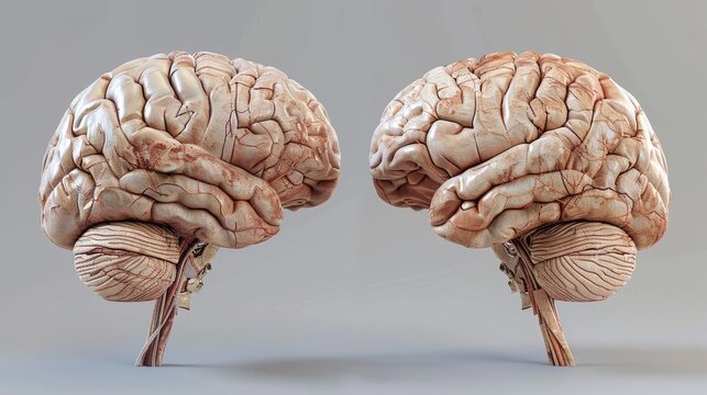 Two human brains, side by side, on a neutral background.  The brains are detailed and realistic.