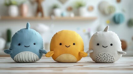 Cute plush sea creature toys in blue, yellow, and white on a wooden table with blurred background, perfect for nursery decor or gifts.