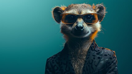 Stylishly dressed meerkat wearing sunglasses and a patterned jacket, posing against a teal background. Fashionable and quirky animal photo.