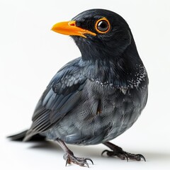 Obraz premium Close-up shot of a beautiful black bird with an orange beak against a white background in a studio setting.