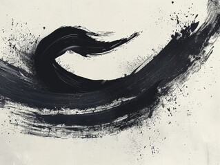 Abstract black brushstroke painting on a white background with splatters, conveying motion and artistic expression in minimalist design.