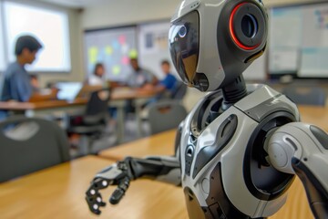 Fototapeta premium Closeup of an AIpowered robot assistant helping a student in a futuristic classroom