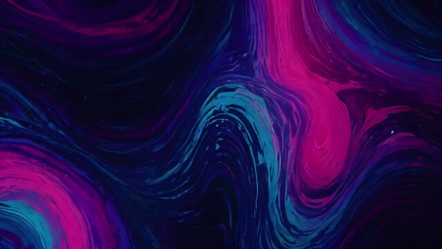 Transforming dark purple blue liquid hypnotic trippy background with leak and pink light transition. Wave deformation animated abstract curved shapes swirl animation in tie dye night design