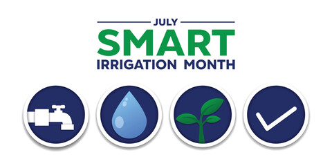 National Smart Irrigation Month. Pipe, water, plant and checklist. Great for cards, banners, posters, social media and more. Dark blue background. 