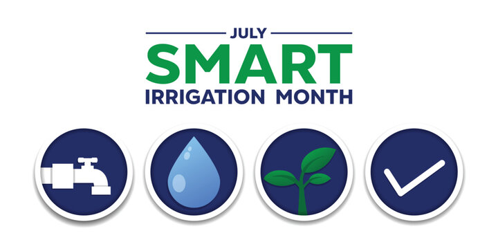 National Smart Irrigation Month. Pipe, water, plant and checklist. Great for cards, banners, posters, social media and more. Dark blue background. 