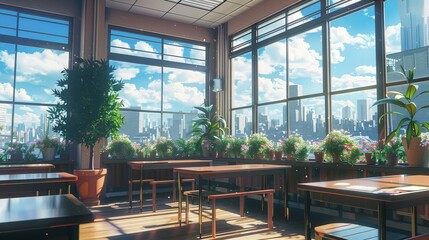 class room scene, game background, country skyline at sunset