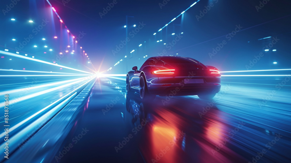 Poster A dynamic composition with a car moving towards the light, captured from a rear angle, and an overall blue impression. Generative AI.