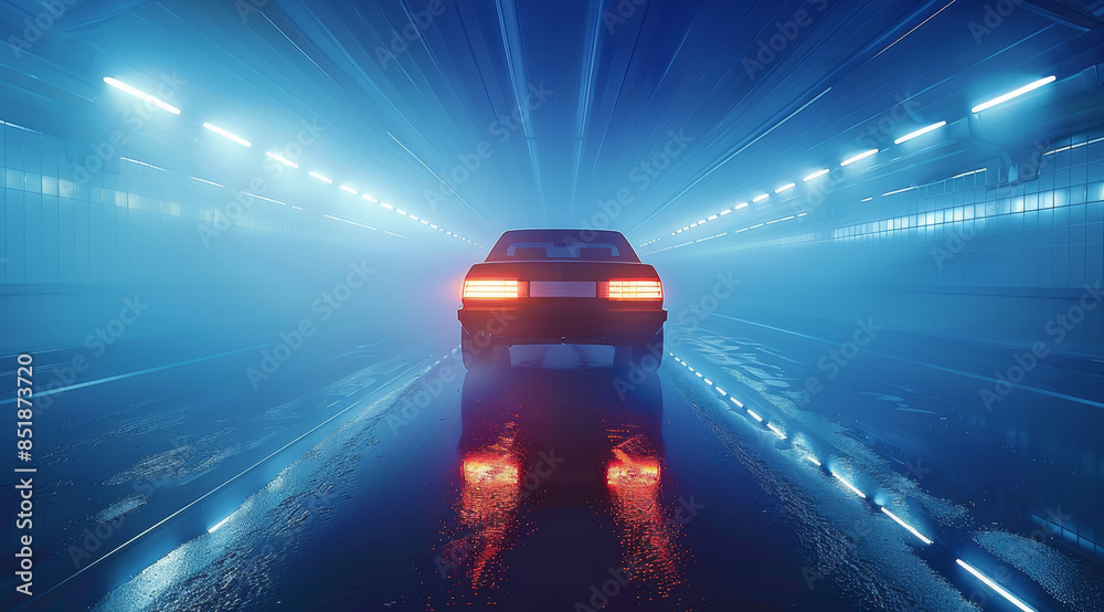 Poster a dynamic composition with a car moving towards the light, captured from a rear angle, and an overal