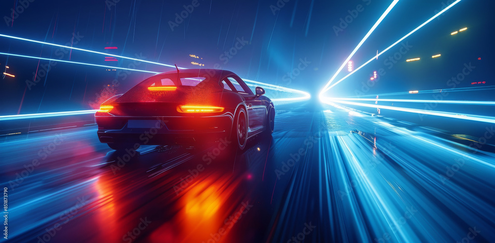 Poster a dynamic composition with a car moving towards the light, captured from a rear angle, and an overal