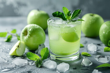 summer cocktail with green apple and ice, selective focus