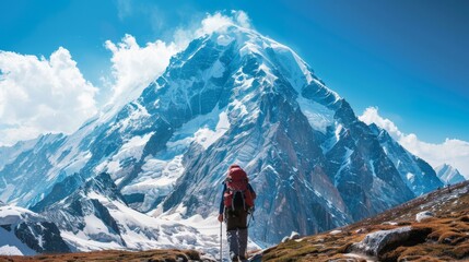 Solo Hiker Ascending a Mountain in the Himalayas © PLATİNUM