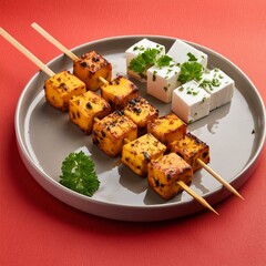 Indian starter food paneer tikka kebab on red background