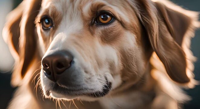 Close-up of a golden retriever with expressive eyes, looking intently and curiously into the distance, showcasing the dog's gentle and inquisitive nature
