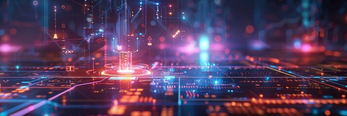 Gamification, a futuristic abstract background with holographic grids and quest icons, highlighting goal-oriented