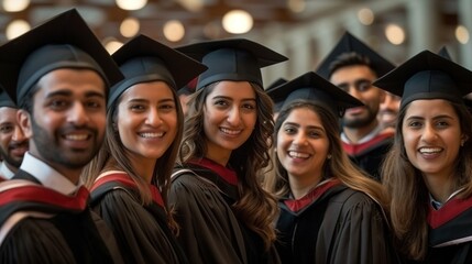 Obraz premium Diverse Group of Graduate Students Smiling at Camera in Spacious Academic Setting, Representing Achievement, Education, and Positive Future Prospects