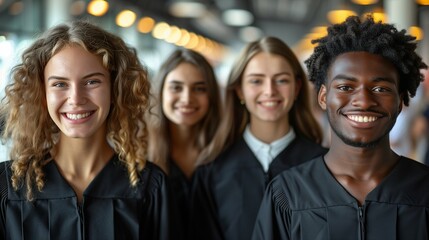 Fototapeta premium Diverse Group of Graduate Students Smiling at Camera in Spacious Academic Setting, Representing Achievement, Education, and Positive Future Prospects