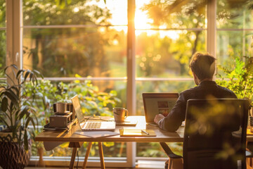 Fototapeta premium Productive Home Office: Person Working with Laptop and Coffee in Modern, Bright Space