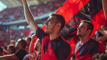 Albania football supporter fans cheering with confetti watching soccer match event at stadium - Young people group with Red and Black t-shirts having excited fun on sport european championship concept