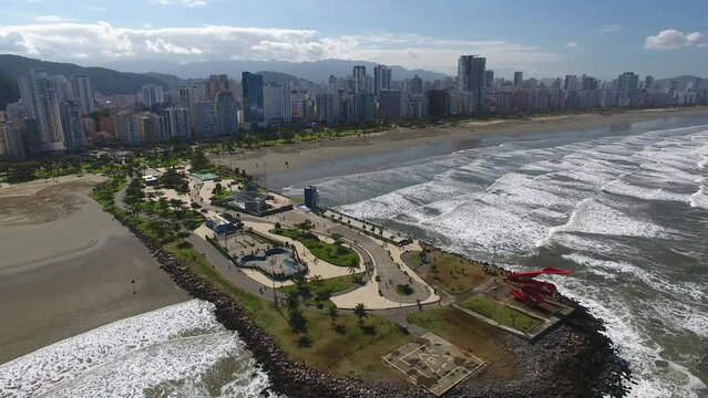 Aerial view of Parque Municipal Roberto M&aacute;rio Santini, Jos&eacute; Menino Beach - Santos, S&atilde;o Paulo, Brazil