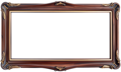Wooden picture frame with golden elements, on a transparent background