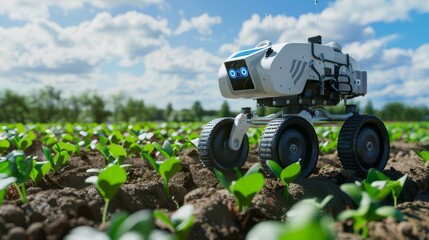 Agricultural Robot Working in a Field of Green Plants on a Sunny Day