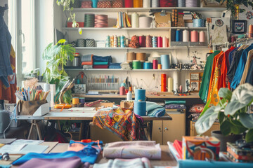 Creative Fashion Designer's Studio with Vibrant Atmosphere, Fabrics, and Sewing Tools in Bright Light