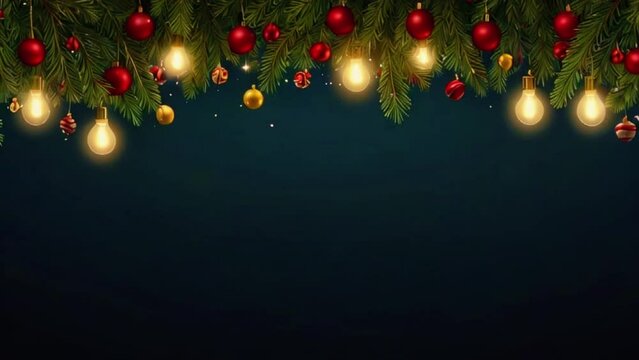 Christmas frame or new year frame with fir or pine leaves and light bulbs blinking with alpha map for compositing