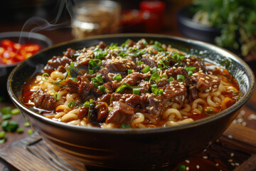 a bowl of noodles with beef on wooden table