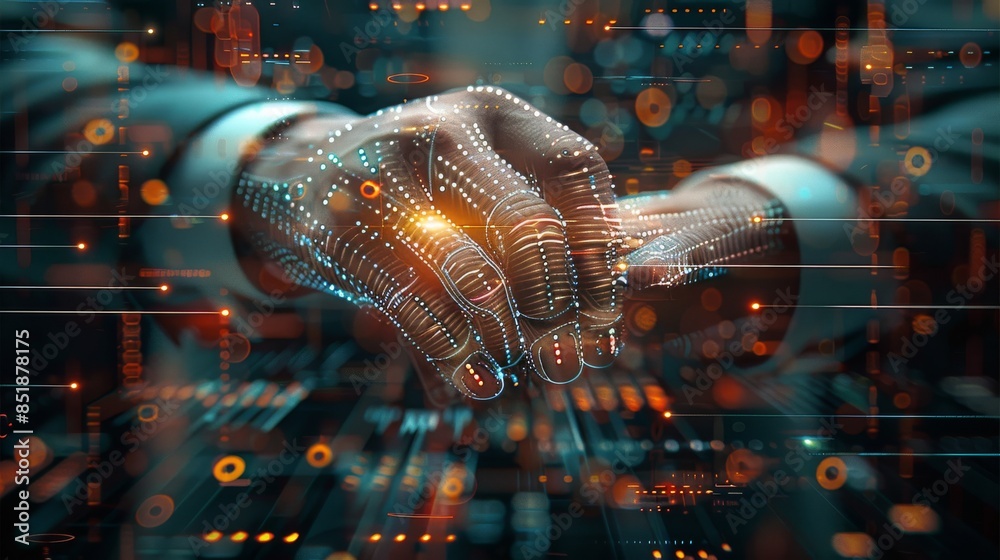 Poster closeup hand, businessman hold hands, overlay with line data hologram stock, computer. generative ai