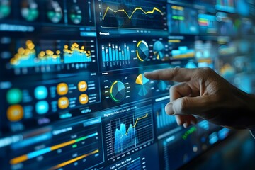 Fototapeta premium company executive shows a digital financial analysis of the company. digital visualization of business finance. business finance, digital transformation in finance, financial data concept 