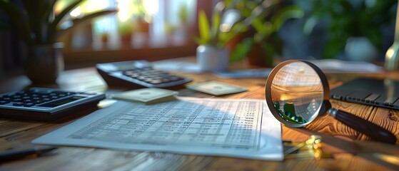 a tax document, a magnifying lens, a financial document, banknotes and a calculator machine on a desk. finance, money, accounting concept	