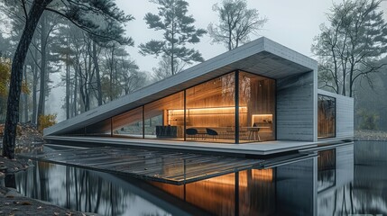 A minimalist cabin in the shape of an inverted triangle, located on water with forest trees surrounding it. The exterior walls feature white and grey tone, creating a sleek appearance. Generative AI.