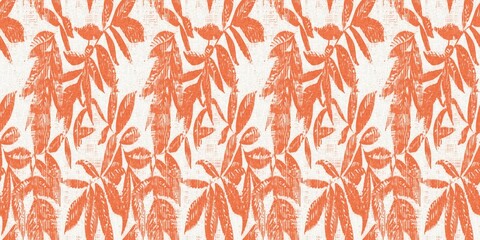 Peach fuzz botanical border texture background with color of the year two tone linen fabric effect. Soft fresh modern leaf banner edge design for all over home decor, wallpaper and on trend repeat