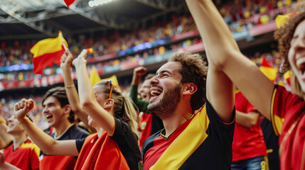 Obraz premium Belgium football supporter fans - Young people group with Red yellow black t-shirts having excited fun on sport european championship concept