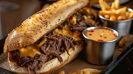 An Italian beef sandwich with a side of French fries and nacho cheese sauce in a steel condiment cup on a black tray. Generative AI.