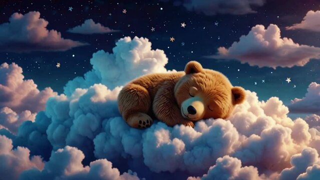 Baby lullaby animation, cute bear sleeping in the clouds. Seamless smooth looping digital 4k video background