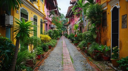Fototapeta premium A narrow, cobblestone street lined with colorful buildings and lush greenery. The street is peaceful and serene, inviting exploration.