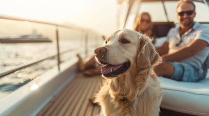 Dog and family on deck of a luxury yacht enjoy beautiful sea view.