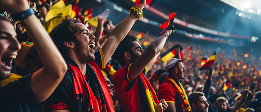 Belgium football supporter fans  - Young people group with Red yellow black t-shirts having excited fun on sport european championship concept