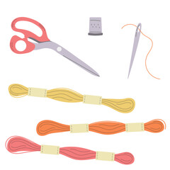 Set of skeins of thread, floss, needles, craft supplies flat vector illustration isolated on white