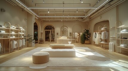 A large space for a fashion store, high class and clean, the layout is categorized, a clothing display area and lounge area, models, clothing, lounging. Generative AI.