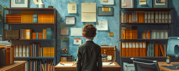 A humorous scene featuring a child in a business suit, navigating an adult office environment.