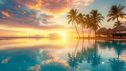 Swimming pool of a large mansion at sunset.