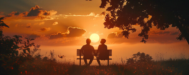 A couple sitting on a bench, watching the sunset and holding hands.