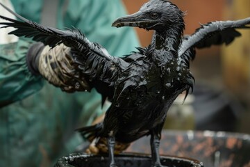 Fototapeta premium seabird covered in oil being rescued and cleaned by a person