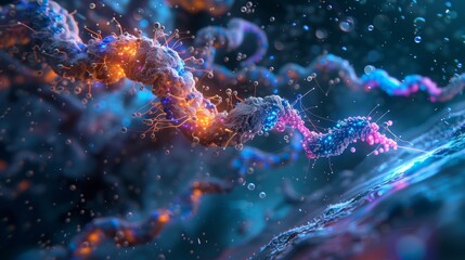 A detailed macro view of colorful protein molecules in an abstract scientific background, highlighting molecular structure and biochemistry.