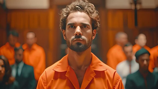 In front of the jury and judge, an image of the accused, a dejected man in an orange jumpsuit, was led away by a security guard.