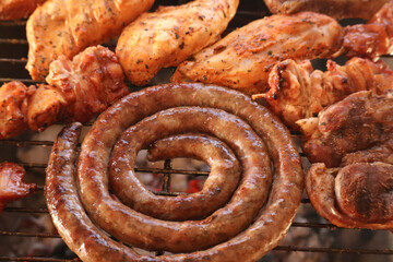 South African braai with boerewors, kebabs. grilled sausages on the grill