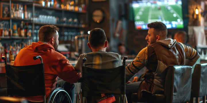 Entertainment, socializing communitydiversity excitement of live sport concept. People friends fans in sports bar pub watching sport game football soccer on big screen, including a man in a wheelchair